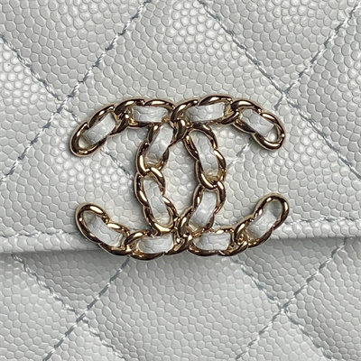 Cha.nel Clutch With Chain Top Handle Grained Calfskin Gold Tone Metal Lt Blue AP3238