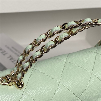 Cha.nel Clutch With Chain Top Handle Grained Calfskin Gold Tone Metal Lt Green AP3238