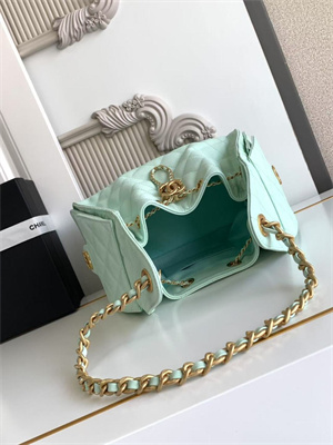 Ch*el 25 small handbag grained calfskin gold tone metal lt green as5293