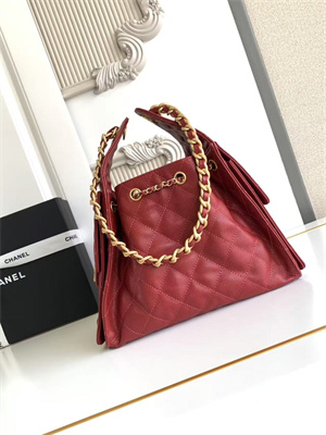 Ch*el 25 small handbag grained calfskin gold tone metal dk red as5293