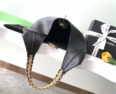 Ch*el large hobo bag lambskin gold tone metal black as5425