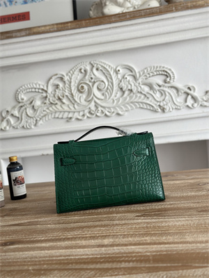 Kelly Pochette Bag Embossed Crocodile Gold Tone Hardware Dk Green HS