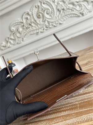 Kelly Pochette Bag Embossed Crocodile Silver Tone Hardware Brown HS