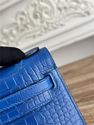 Kelly Pochette Bag Embossed Crocodile Silver Tone Hardware Blue Hydra HS