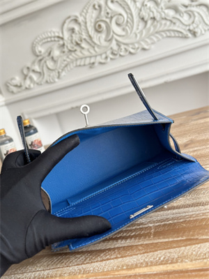 Kelly Pochette Bag Embossed Crocodile Silver Tone Hardware Blue Hydra HS