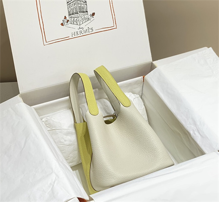 Picotin Lock Bag 18 Togo Leather Silver Tone Metal In Craie/Jaune Poussin HS