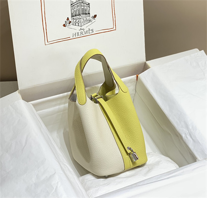 Picotin Lock Bag 18 Togo Leather Silver Tone Metal In Craie/Jaune Poussin HS