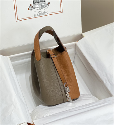 Picotin Lock Bag 18 Togo Leather Silver Tone Metal In Etoupe/Gold HS