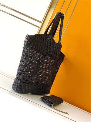 Y.S.L ICARE MAXI SHOPPING BAG IN Raffia Gold Tone Metal Black