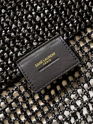 Y.S.L ICARE MAXI SHOPPING BAG IN Raffia Gold Tone Metal Black