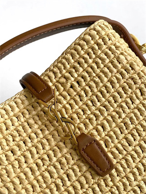 Y.S.L LE 37 Mini In Brown Shiny Leather & Raffia Bucket Bag