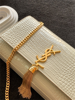 Y.S.L KATE MEDIUM TASSEL IN CROCODILE EMBOSSED Leather Gold Tone Metal White Color