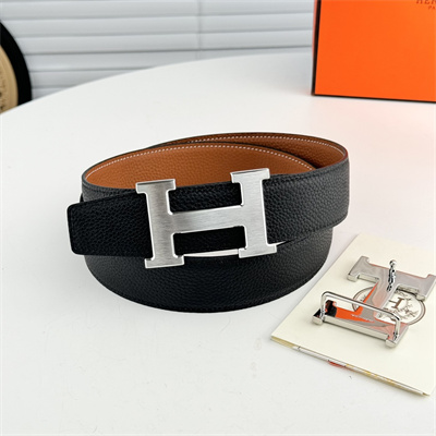 H**mes men’s reversible belt 38mm calfskin leather silver tone hardware brown/black