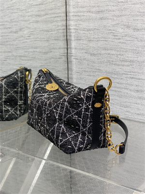 D*orstar hobo bag with chain black tweed with white cannage motif