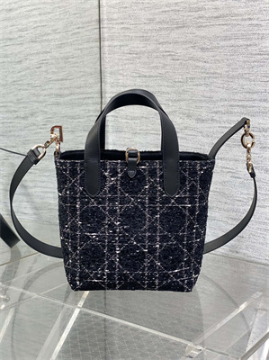 CD Small TOUJOURS Vertical Tote Bag Black Tweed with White Cannage Motif