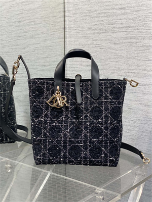 CD Medium TOUJOURS Vertical Tote Bag Black Tweed with White Cannage Motif