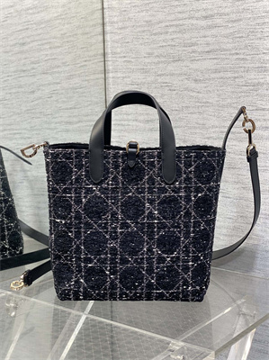 CD Medium TOUJOURS Vertical Tote Bag Black Tweed with White Cannage Motif