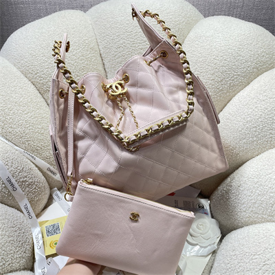 Ch*el 25 medium handbag grained calfskin gold tone metal pink as5311
