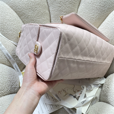 Ch*el 25 medium handbag grained calfskin gold tone metal pink as5311
