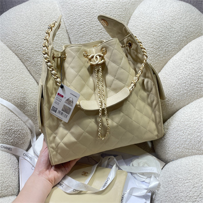 Ch*el 25 medium handbag grained calfskin gold tone metal beige as5311