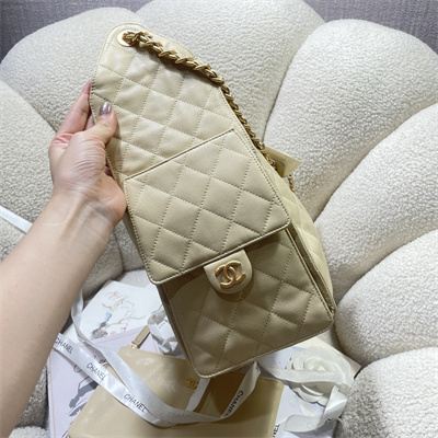 Ch*el 25 medium handbag grained calfskin gold tone metal beige as5311