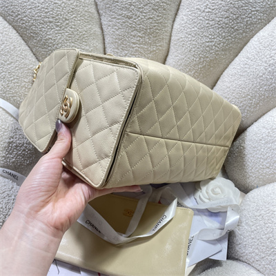 Ch*el 25 medium handbag grained calfskin gold tone metal beige as5311