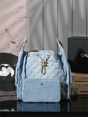 Ch*el 25 medium handbag denim blue gold tone metal blue as5311
