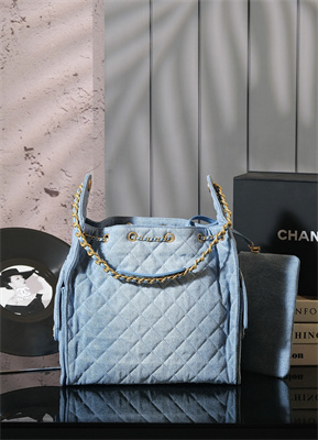 Ch*el 25 medium handbag denim blue gold tone metal blue as5311