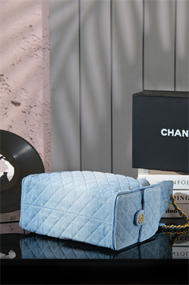 Ch*el 25 medium handbag denim blue gold tone metal blue as5311