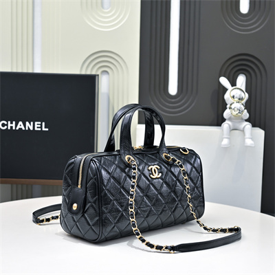 Cha.nel Large Bowling Bag Grained Shiny Calfskin & Gold-Tone Metal Black AS5579