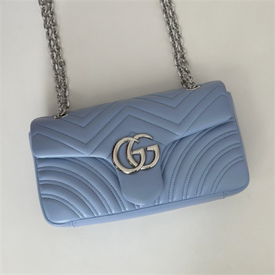 Gu.cci GG Marmont medium shoulder bag matelassé chevron lambskin leather Silver toned hardware Lt Blue 837267