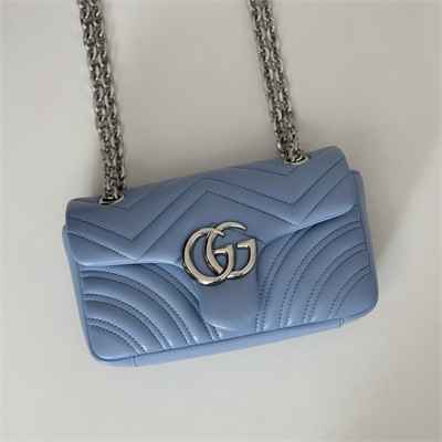 Gu.cci GG Marmont Small shoulder bag matelassé chevron lambskin leather Silver toned hardware Lt Blue 837280