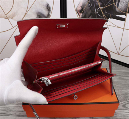 Her.mes Kelly Classic Wallet Calfskin Red Color Silver tone Metal