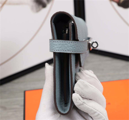 Her.mes Kelly Classic Wallet Calfskin Blue Lin Color Silver tone Metal