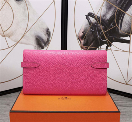 Her.mes Kelly Classic Wallet Calfskin Pink Color Silver tone Metal