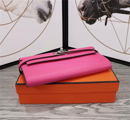 Her.mes Kelly Classic Wallet Calfskin Pink Color Silver tone Metal