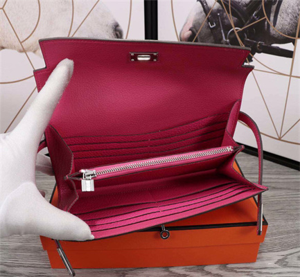 Her.mes Kelly Classic Wallet Calfskin Pink Color Silver tone Metal