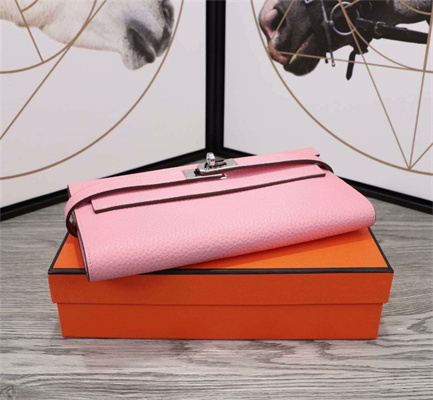 Her.mes Kelly Classic Wallet Calfskin Rose Sakura Color Silver tone Metal