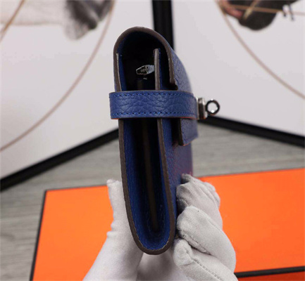 Her.mes Kelly Classic Wallet Calfskin Bleu Electric Color Silver tone Metal