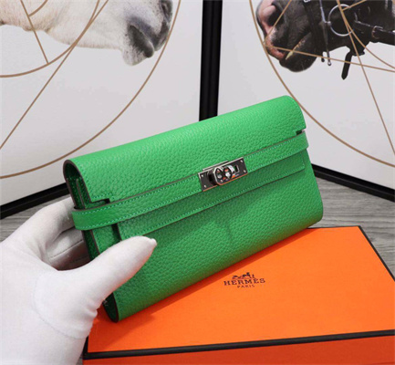 Her.mes Kelly Classic Wallet Calfskin Bambou Color Silver tone Metal