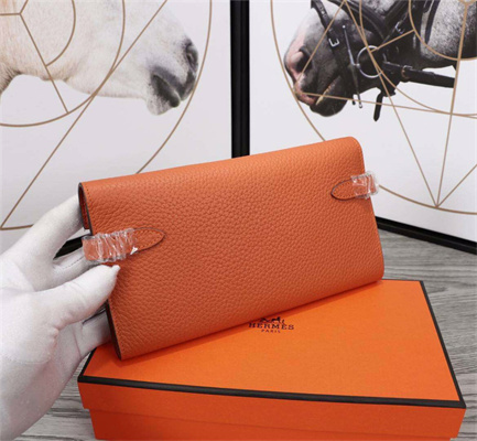 Her.mes Kelly Classic Wallet Calfskin Orange Color Silver tone Metal
