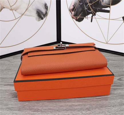 Her.mes Kelly Classic Wallet Calfskin Orange Color Silver tone Metal