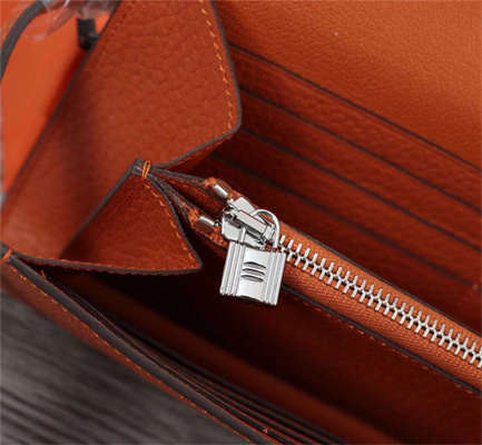 Her.mes Kelly Classic Wallet Calfskin Orange Color Silver tone Metal