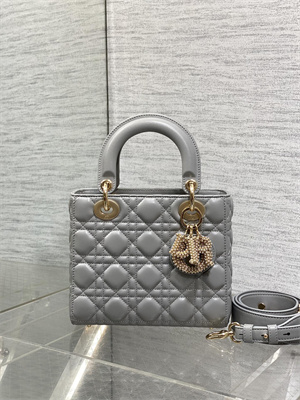 cd small lady di.or my abcD*or bag cannage lambskin gold tone metal with pearl charm grey