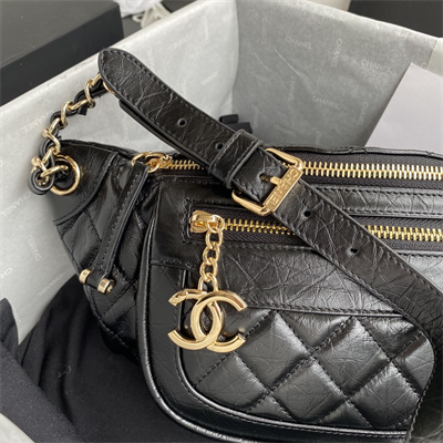 Ch*el waist bag aged calfskin gold-tone metal black as1077