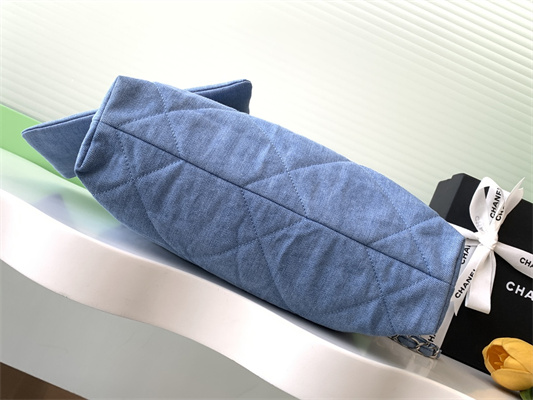 Cha.nel 22 Small Handbag Denim Blue Silver Tone Metal AS3260