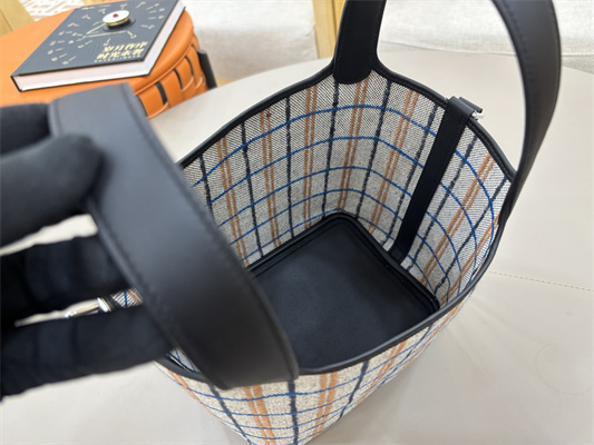 Picotin Lock 18 Bag in H canvas and Swift calfskin with “Couverture Carre” embroidery Black HS