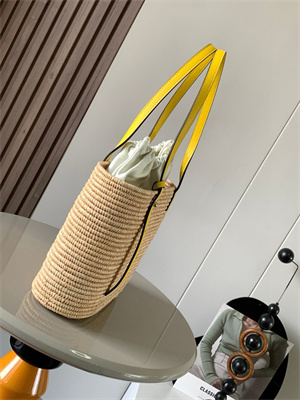 L0ew* small square basket in raffia&calfskin nature/yellow
