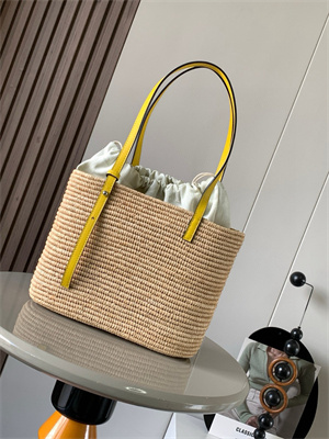 L0ew* small square basket in raffia&calfskin nature/yellow