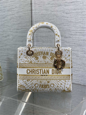 CD Medium Lady D-Lite Bag Embroidery White &Gold